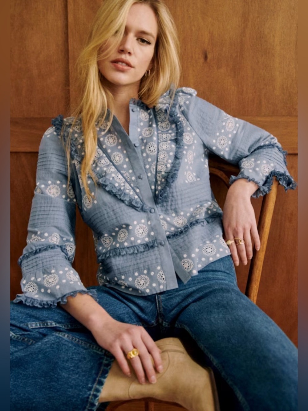 NWT Sezane Nele Shirt Blue White Eyelet Pleated Ruffle Bell Sleeve 40/8